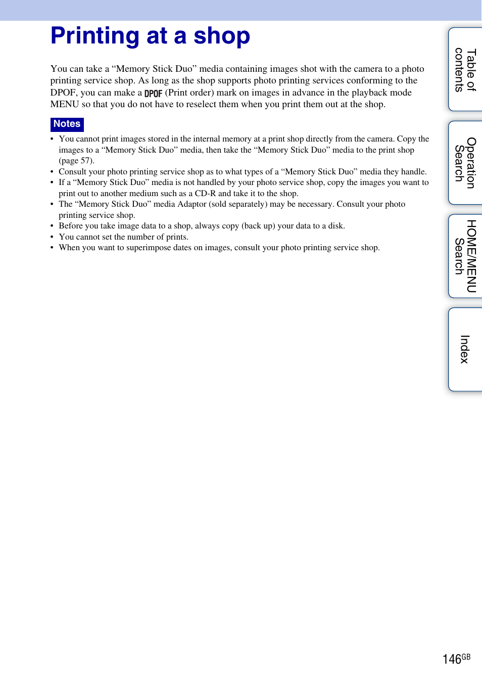 Printing at a shop | Sony DSC-T900 User Manual | Page 146 / 170