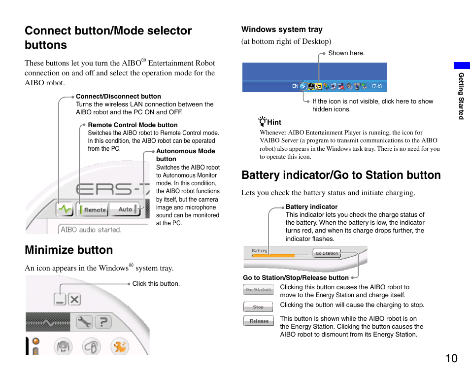 Connect button/mode selector buttons, Minimize button, Battery indicator/go to station button | 10 connect button/mode selector buttons | Sony ERS-7M3 User Manual | Page 10 / 99