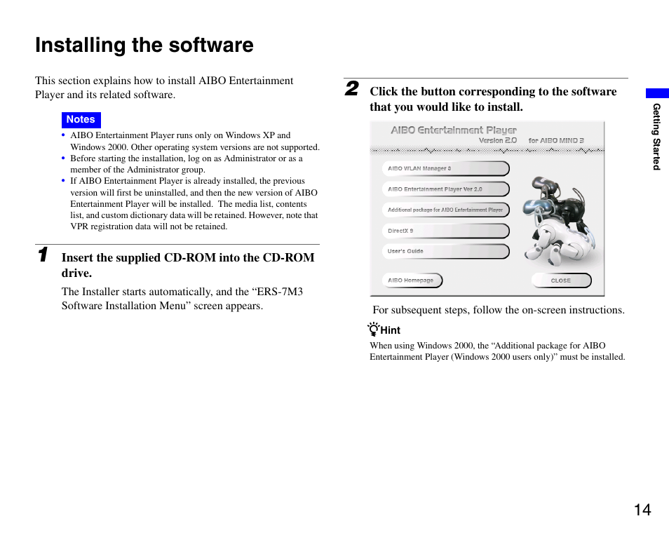 Installing the software | Sony ERS-7M3 User Manual | Page 14 / 99