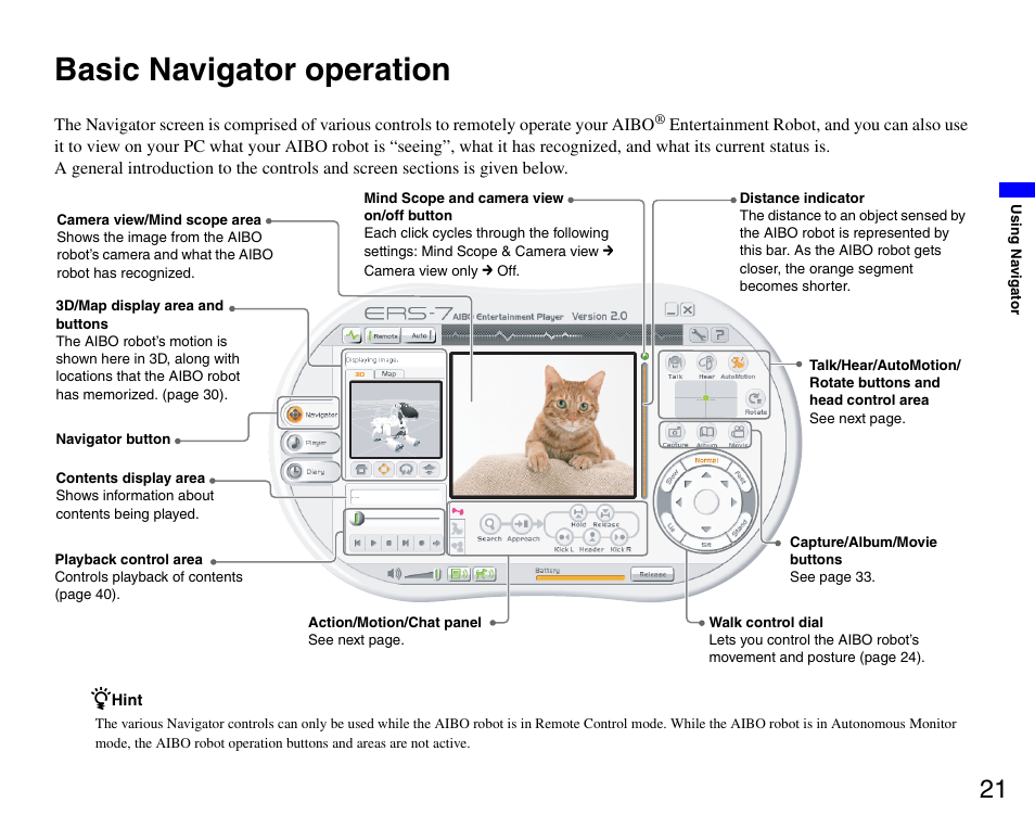 Basic navigator operation | Sony ERS-7M3 User Manual | Page 21 / 99