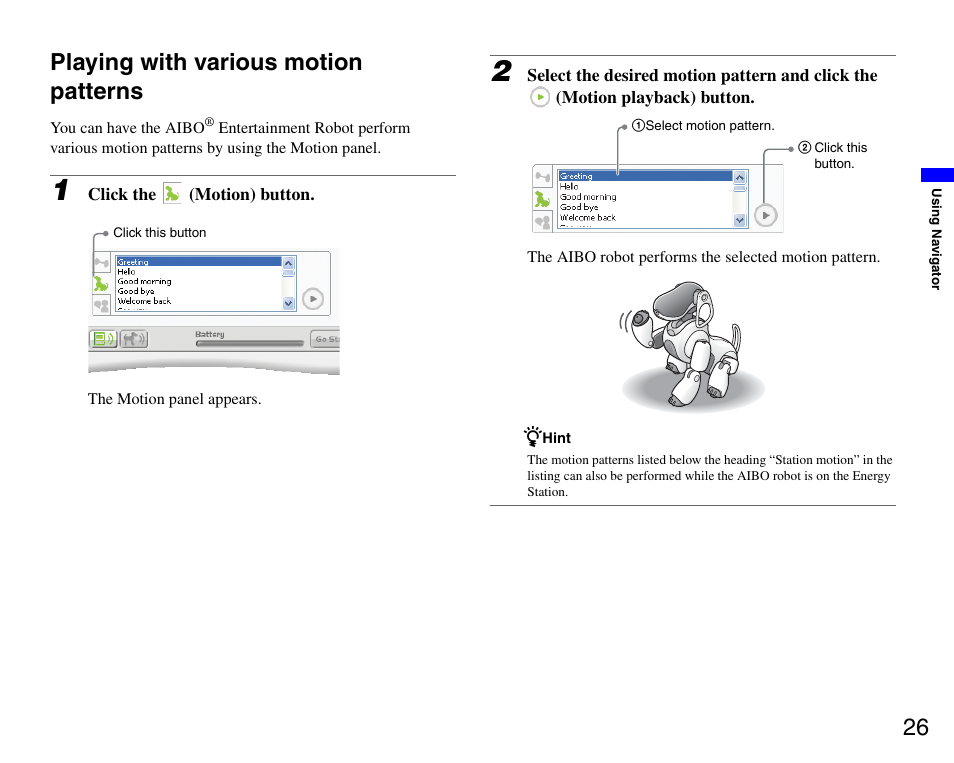 Playing with various motion patterns, 26 playing with various motion patterns | Sony ERS-7M3 User Manual | Page 26 / 99