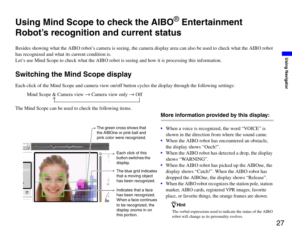Switching the mind scope display, Using mind scope to check the aibo, Entertainment | Robot’s recognition and current status | Sony ERS-7M3 User Manual | Page 27 / 99