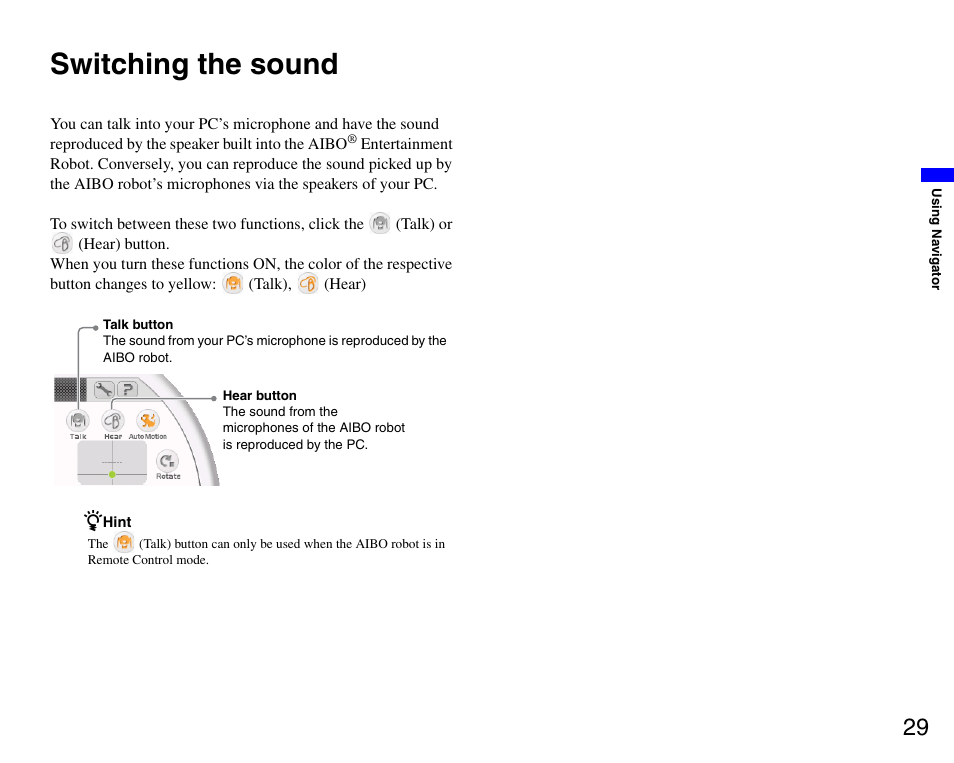 Switching the sound | Sony ERS-7M3 User Manual | Page 29 / 99