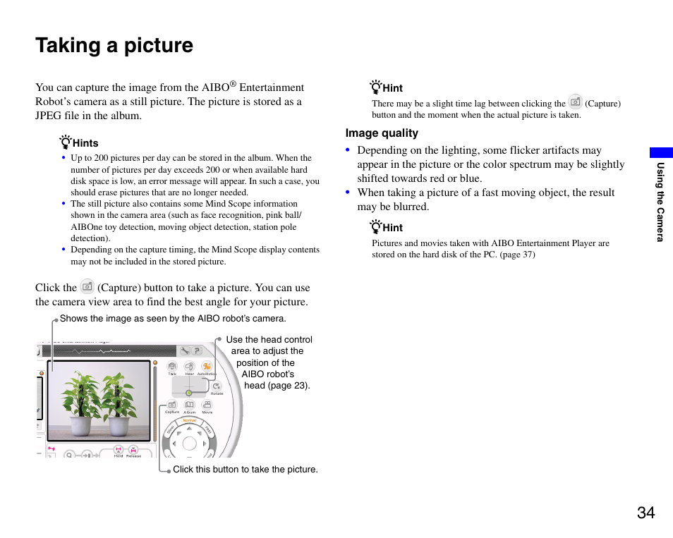 Taking a picture | Sony ERS-7M3 User Manual | Page 34 / 99