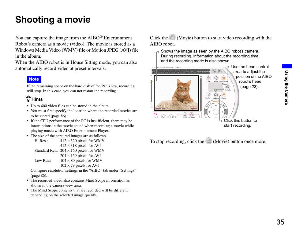 Shooting a movie | Sony ERS-7M3 User Manual | Page 35 / 99