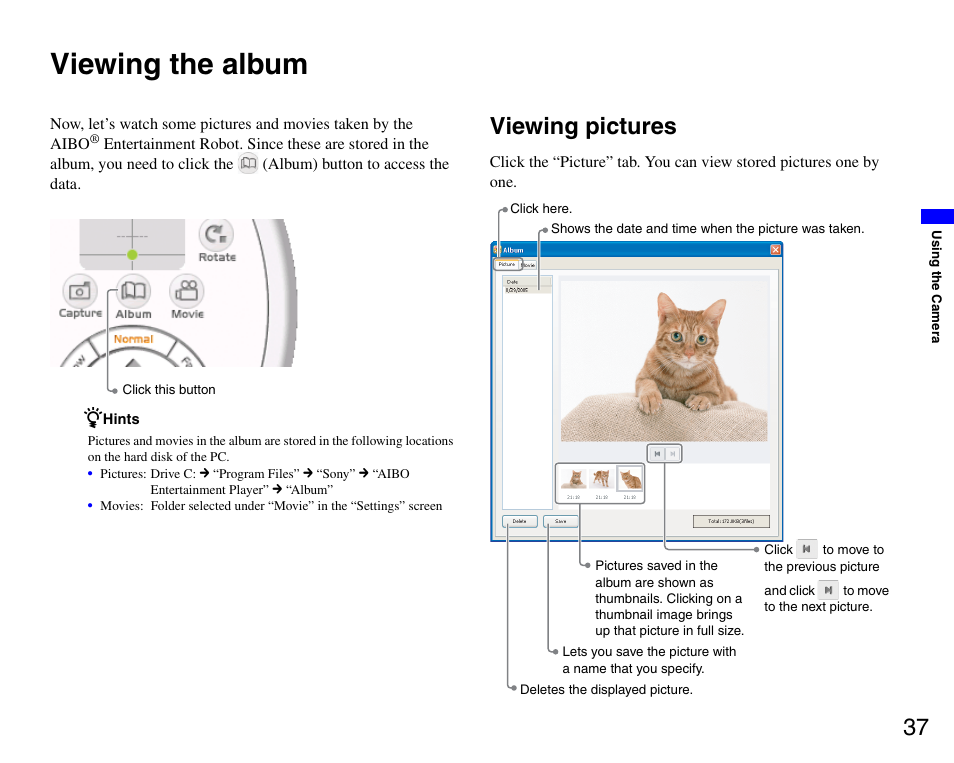 Viewing the album, Viewing pictures | Sony ERS-7M3 User Manual | Page 37 / 99