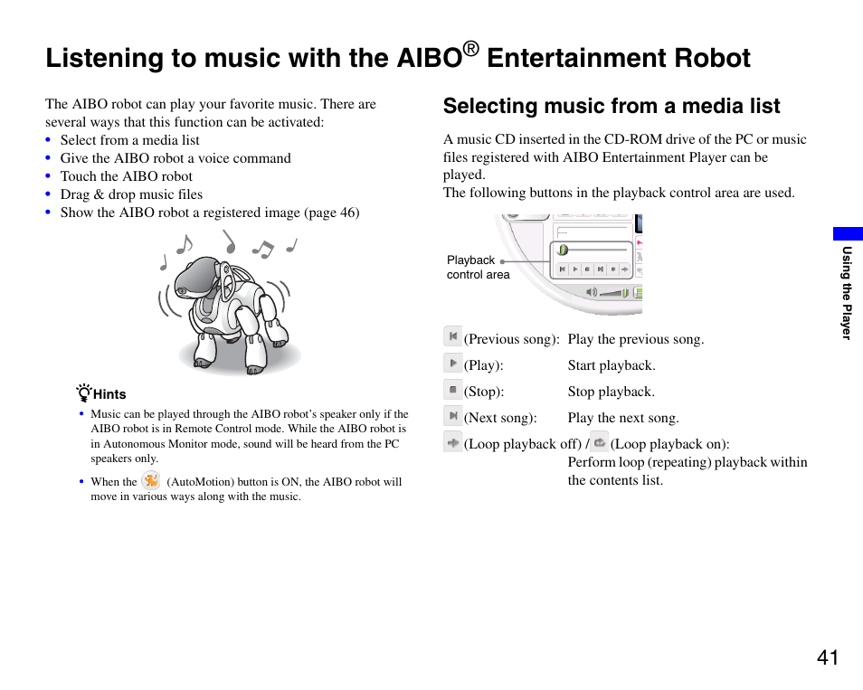 Selecting music from a media list, Listening to music with the aibo, Entertainment | Robot, Entertainment robot | Sony ERS-7M3 User Manual | Page 41 / 99