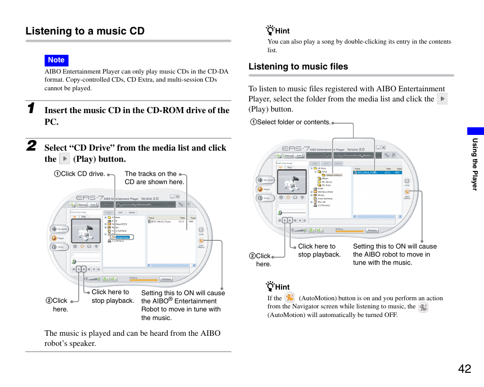 Listening to a music cd | Sony ERS-7M3 User Manual | Page 42 / 99