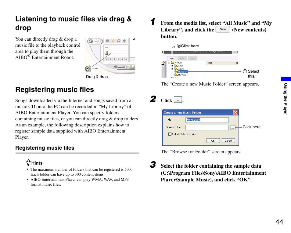 Listening to music files via drag & drop, Registering music files, 44 listening to music files via drag & drop | Sony ERS-7M3 User Manual | Page 44 / 99