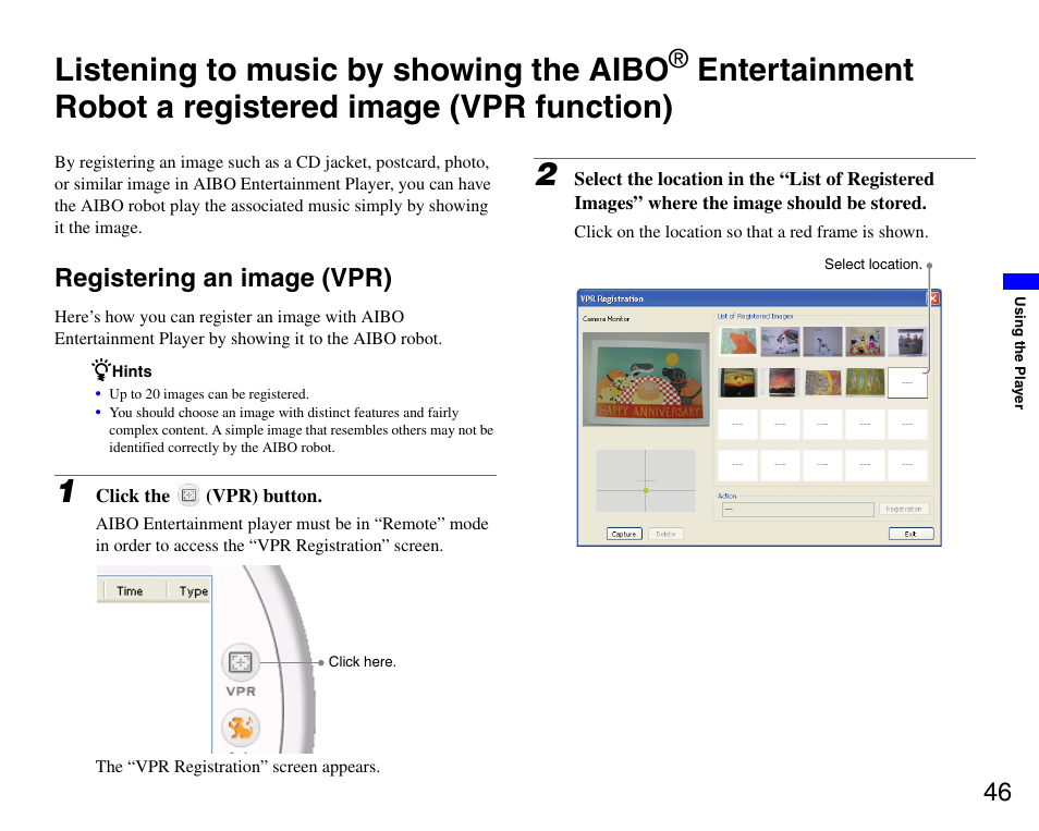 Registering an image (vpr), Listening to music by showing the aibo, Entertainment | Robot a registered image (vpr function) | Sony ERS-7M3 User Manual | Page 46 / 99
