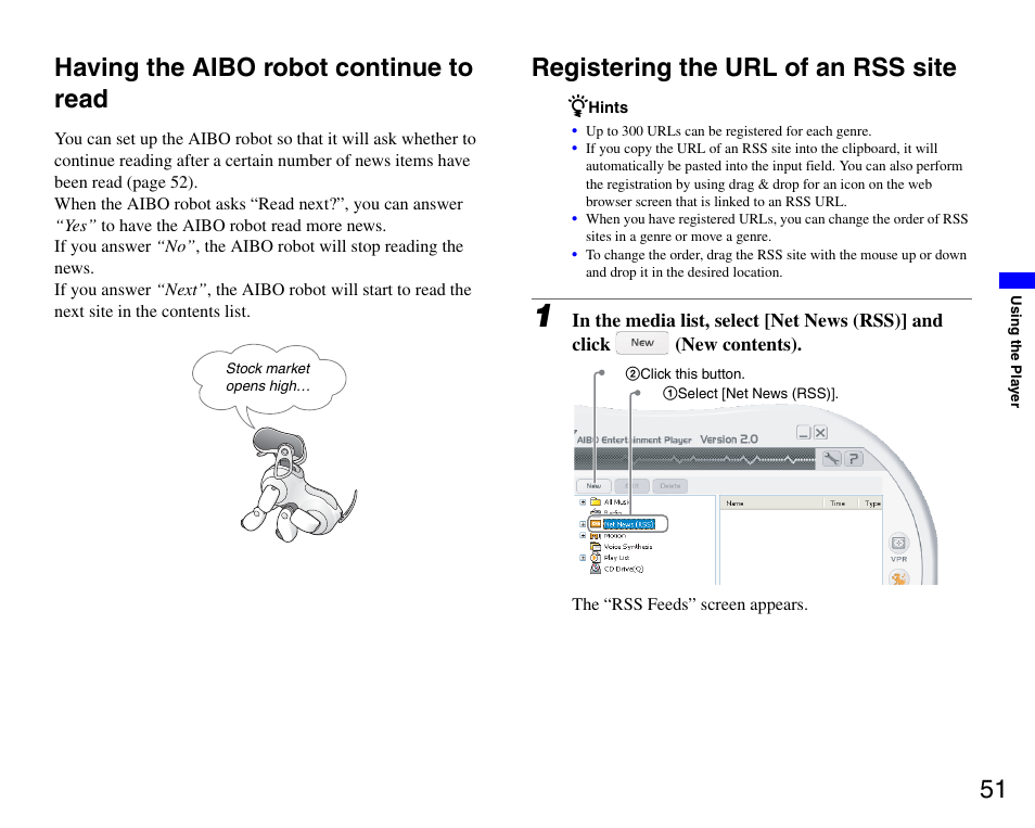 Having the aibo robot continue to read, Registering the url of an rss site, 51 having the aibo robot continue to read | Sony ERS-7M3 User Manual | Page 51 / 99