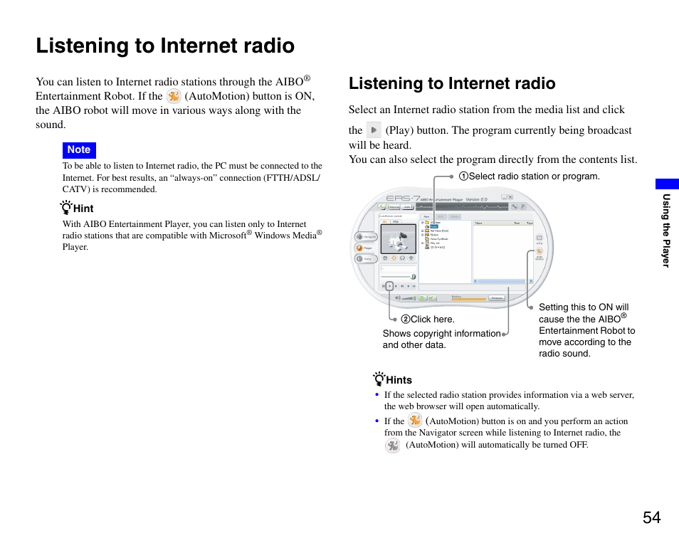 Listening to internet radio | Sony ERS-7M3 User Manual | Page 54 / 99