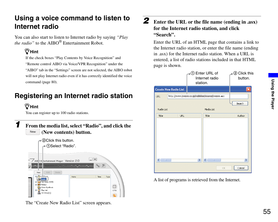 Using a voice command to listen to internet radio, Registering an internet radio station | Sony ERS-7M3 User Manual | Page 55 / 99
