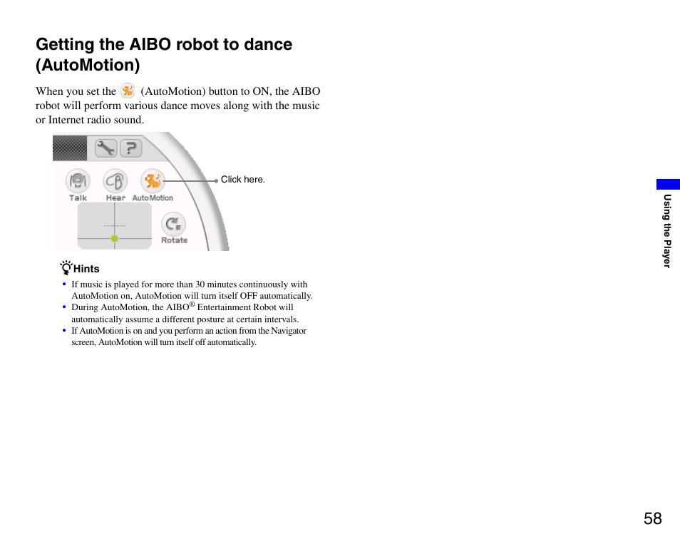 Getting the aibo robot to dance (automotion), Getting the aibo robot to dance (automotion) 58, 58 getting the aibo robot to dance (automotion) | Sony ERS-7M3 User Manual | Page 58 / 99
