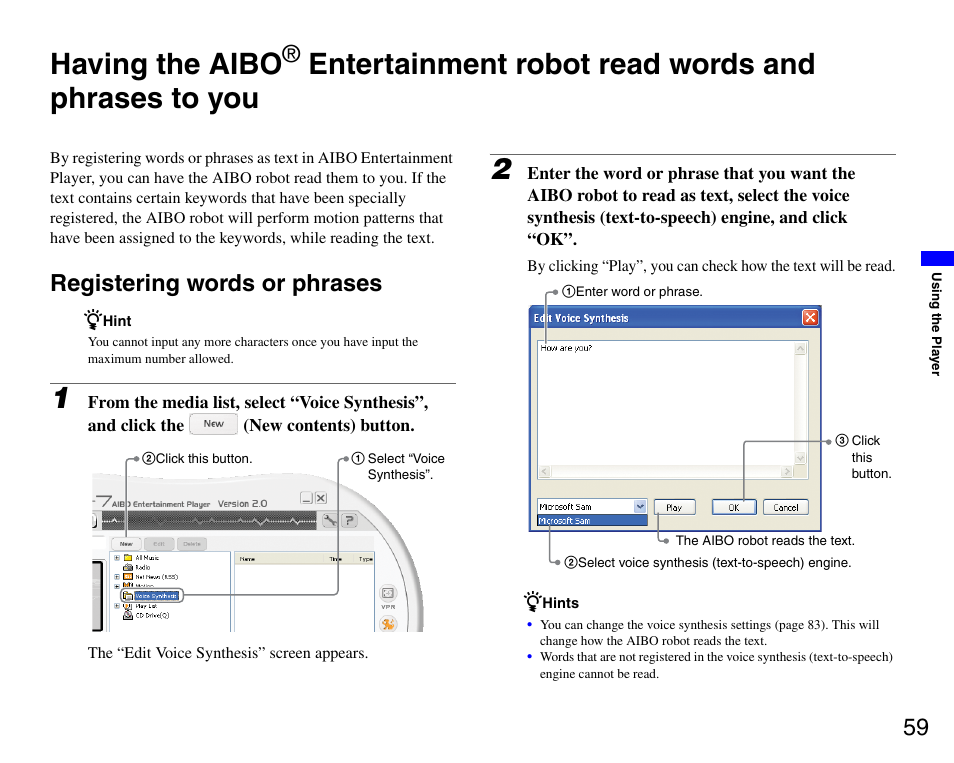 Registering words or phrases, Having the aibo, Entertainment robot read words and | Phrases to you, Entertainment robot read words and phrases to you | Sony ERS-7M3 User Manual | Page 59 / 99