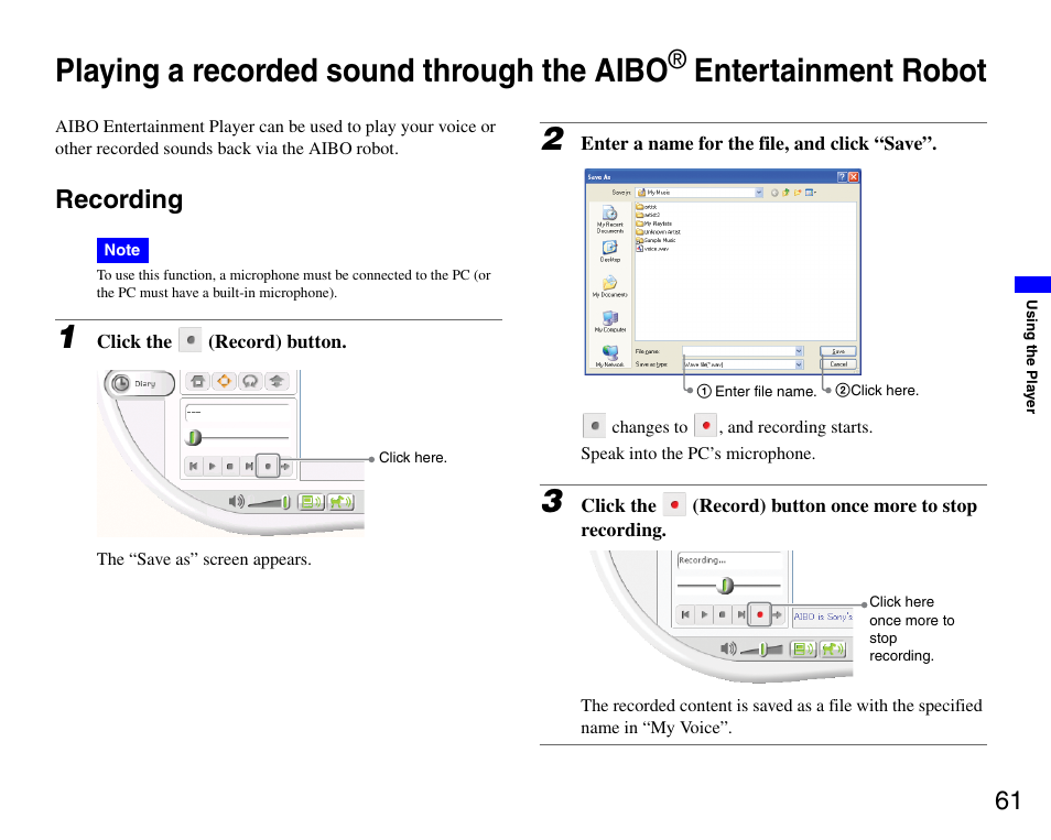 Recording, Playing a recorded sound through the aibo, Entertainment robot | Sony ERS-7M3 User Manual | Page 61 / 99