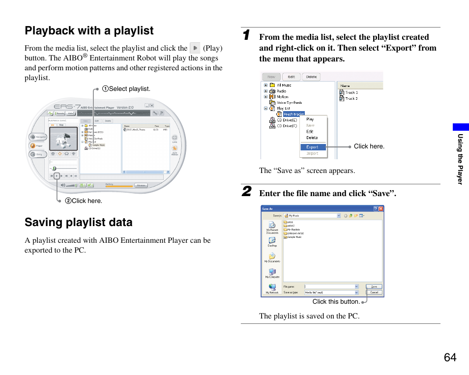 Playback with a playlist, Saving playlist data, Playback with a playlist saving playlist data | 64 playback with a playlist | Sony ERS-7M3 User Manual | Page 64 / 99