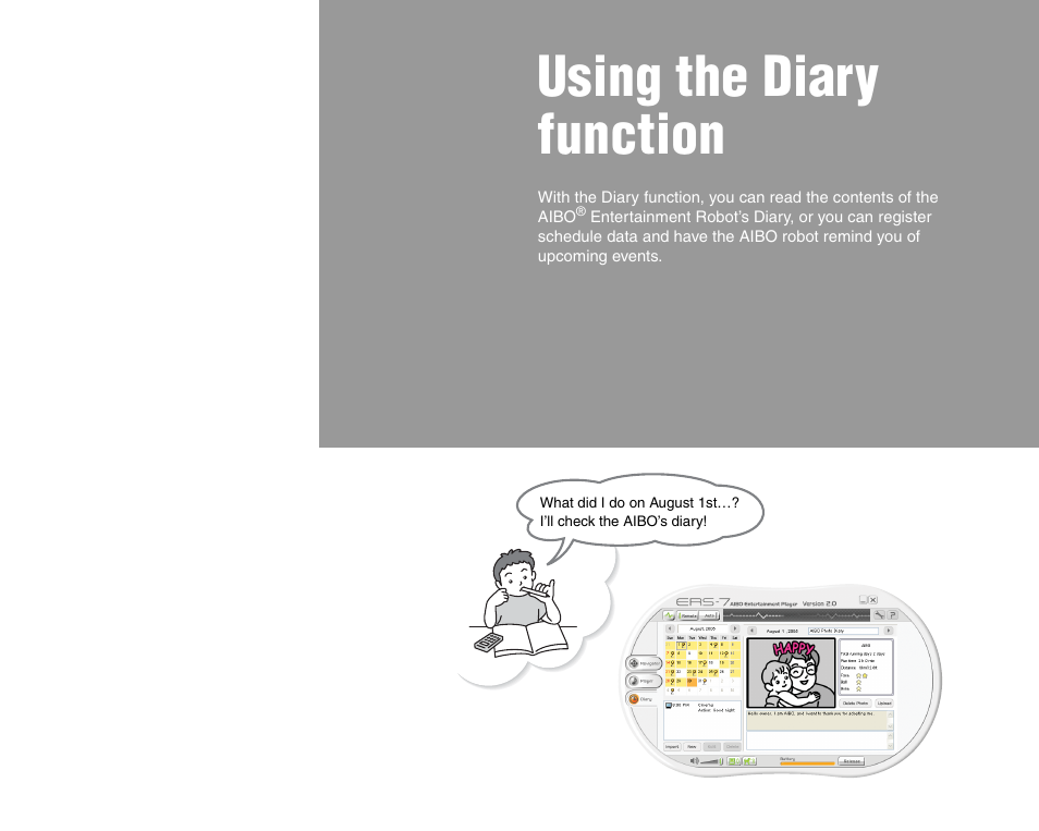 Using the diary function | Sony ERS-7M3 User Manual | Page 66 / 99