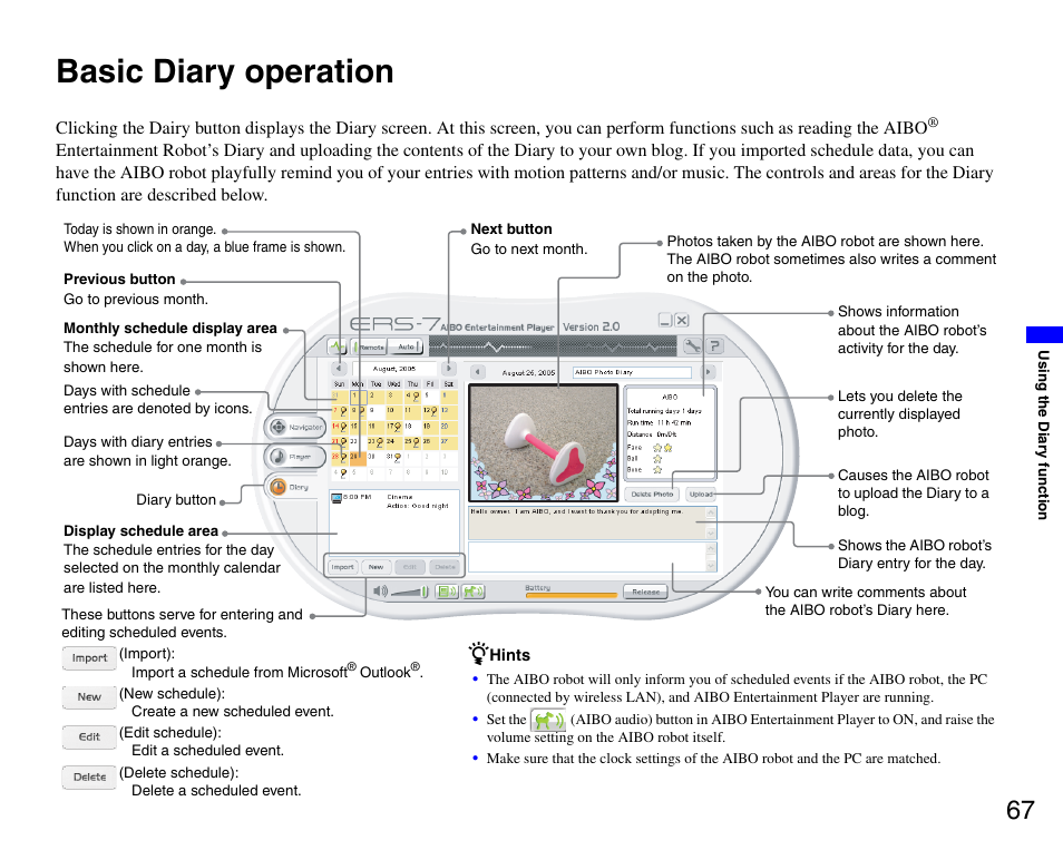 Basic diary operation | Sony ERS-7M3 User Manual | Page 67 / 99