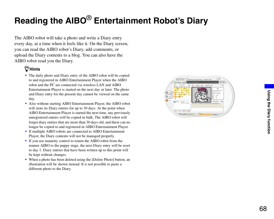 Reading the aibo® entertainment robot’s diary, Reading the aibo, Entertainment robot’s diary | Sony ERS-7M3 User Manual | Page 68 / 99