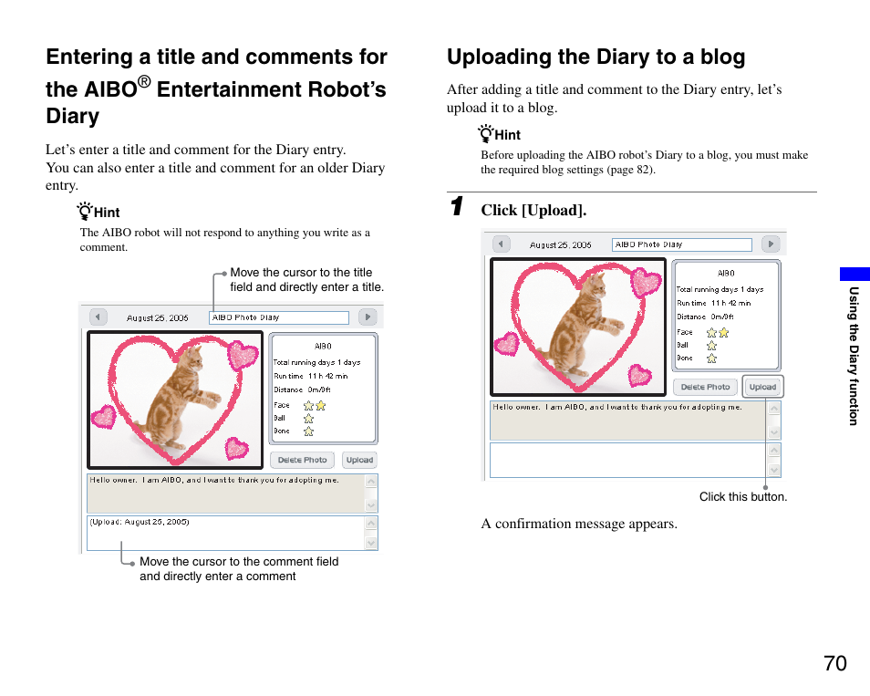 Uploading the diary to a blog, Entering a title and comments for the aibo, 70 entering a title and comments for the aibo | Entertainment robot’s diary | Sony ERS-7M3 User Manual | Page 70 / 99