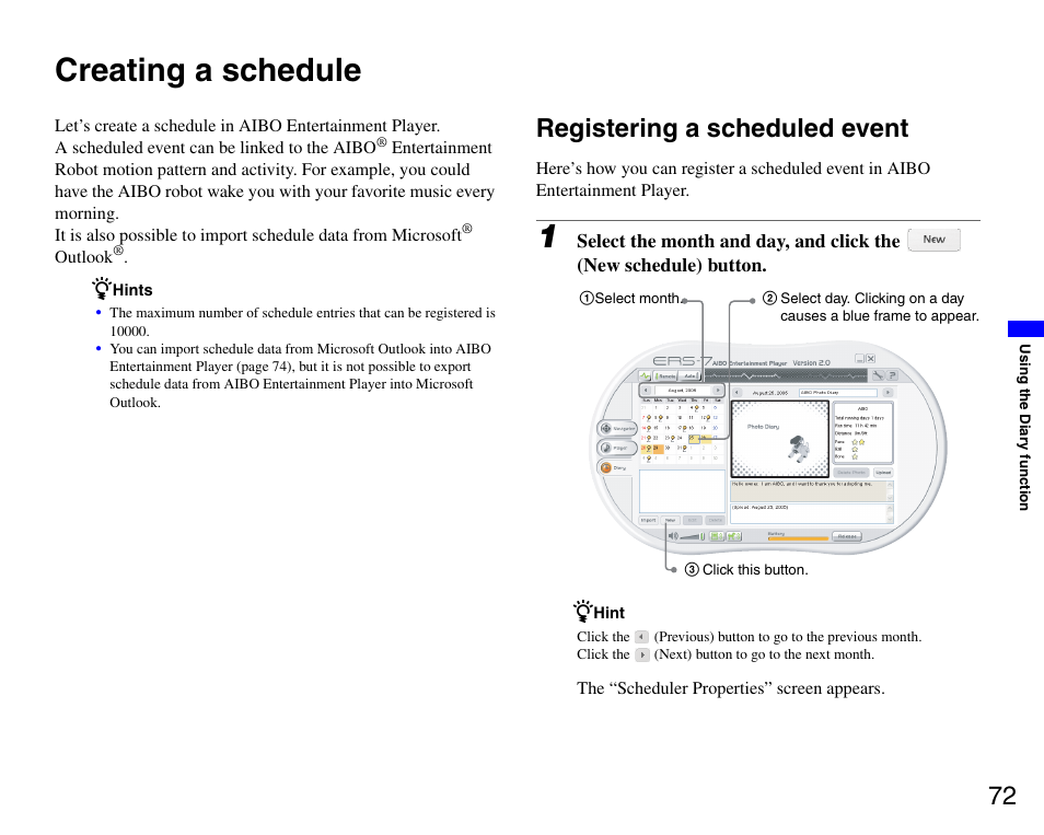 Creating a schedule, Registering a scheduled event | Sony ERS-7M3 User Manual | Page 72 / 99