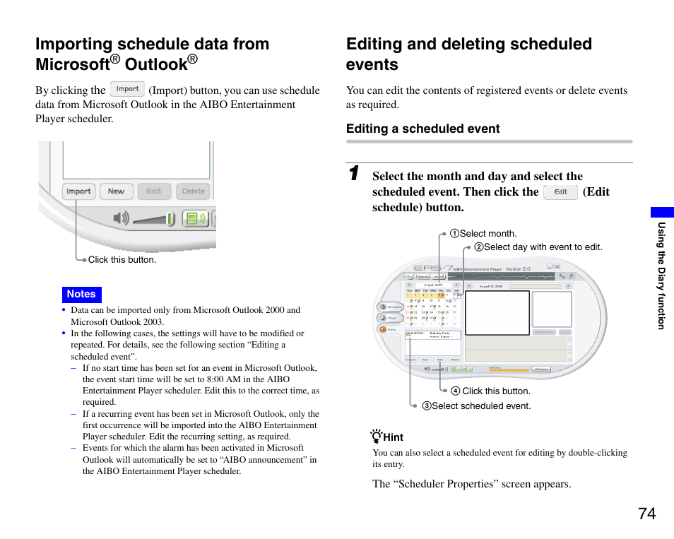 Importing schedule data from microsoft® outlook, Editing and deleting scheduled events, Importing schedule data from microsoft | Outlook, 74 importing schedule data from microsoft | Sony ERS-7M3 User Manual | Page 74 / 99