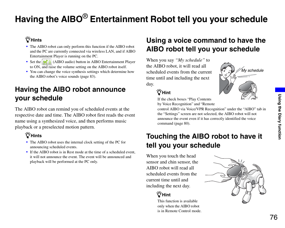 Having the aibo robot announce your schedule, Having the aibo, Entertainment robot tell you | Your schedule, Entertainment robot tell you your schedule | Sony ERS-7M3 User Manual | Page 76 / 99