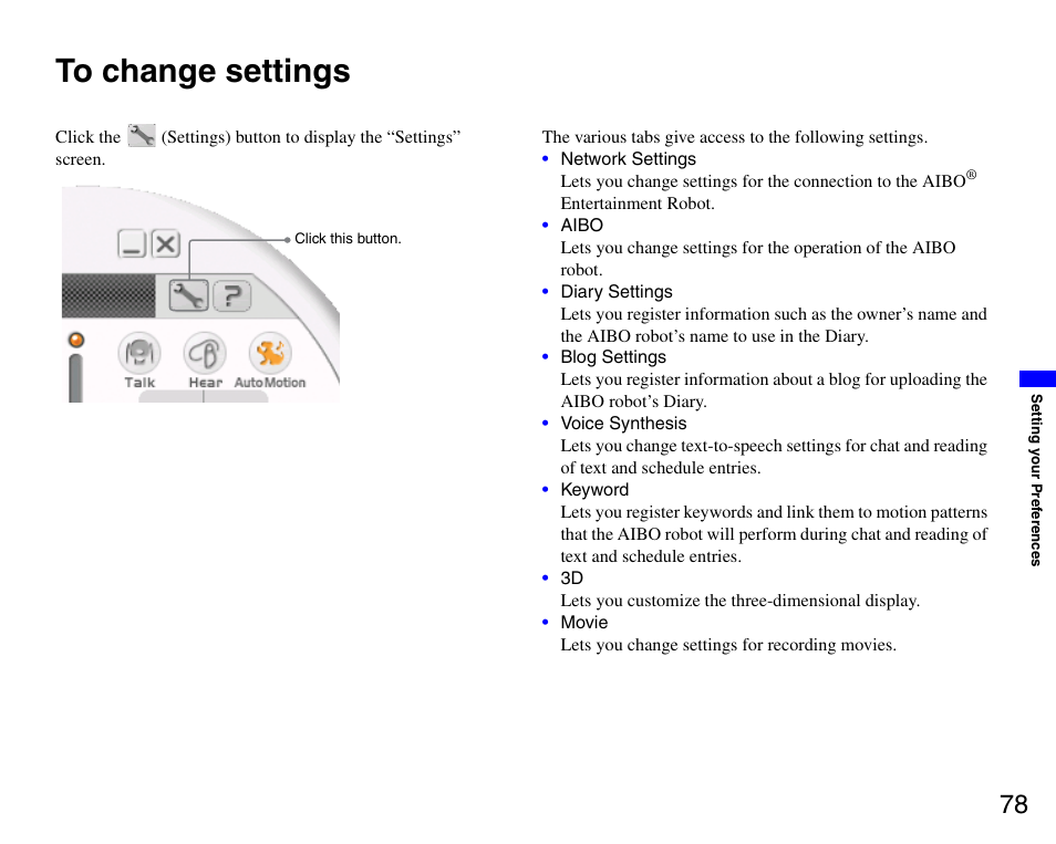 To change settings | Sony ERS-7M3 User Manual | Page 78 / 99