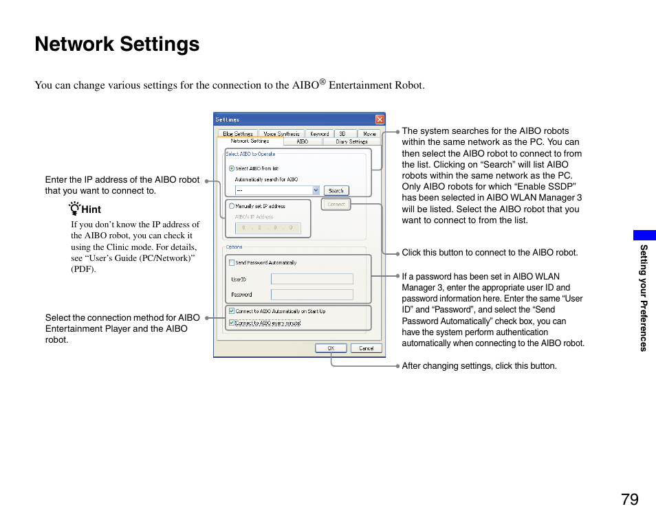 Network settings | Sony ERS-7M3 User Manual | Page 79 / 99