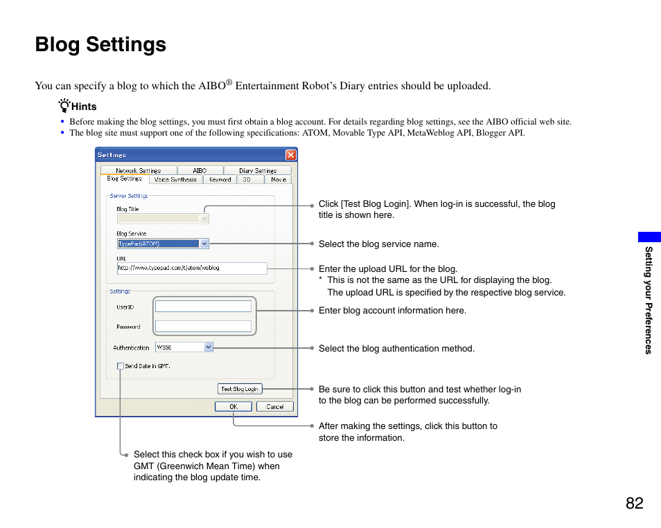Blog settings | Sony ERS-7M3 User Manual | Page 82 / 99