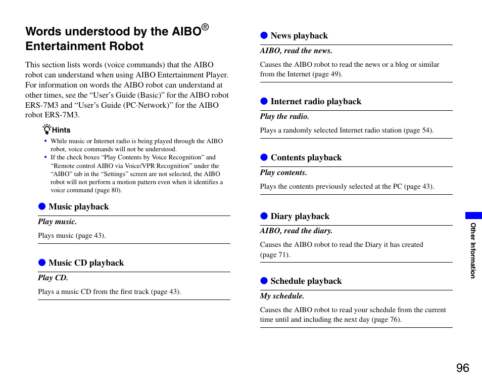 Words understood by the aibo® entertainment robot, Words understood by the aibo, Entertainment | Robot, 96 words understood by the aibo, Entertainment robot | Sony ERS-7M3 User Manual | Page 96 / 99