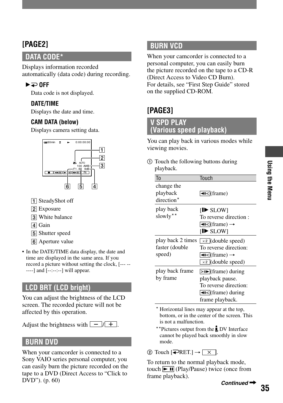 Page2, Page3, Data code | Lcd brt (lcd bright), Burn dvd, Burn vcd, V spd play (various speed playback) | Sony DCR-HC21 User Manual | Page 35 / 92