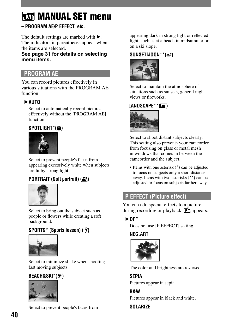 Manual set menu, Program ae/p effect, etc | Sony DCR-HC21 User Manual | Page 40 / 92