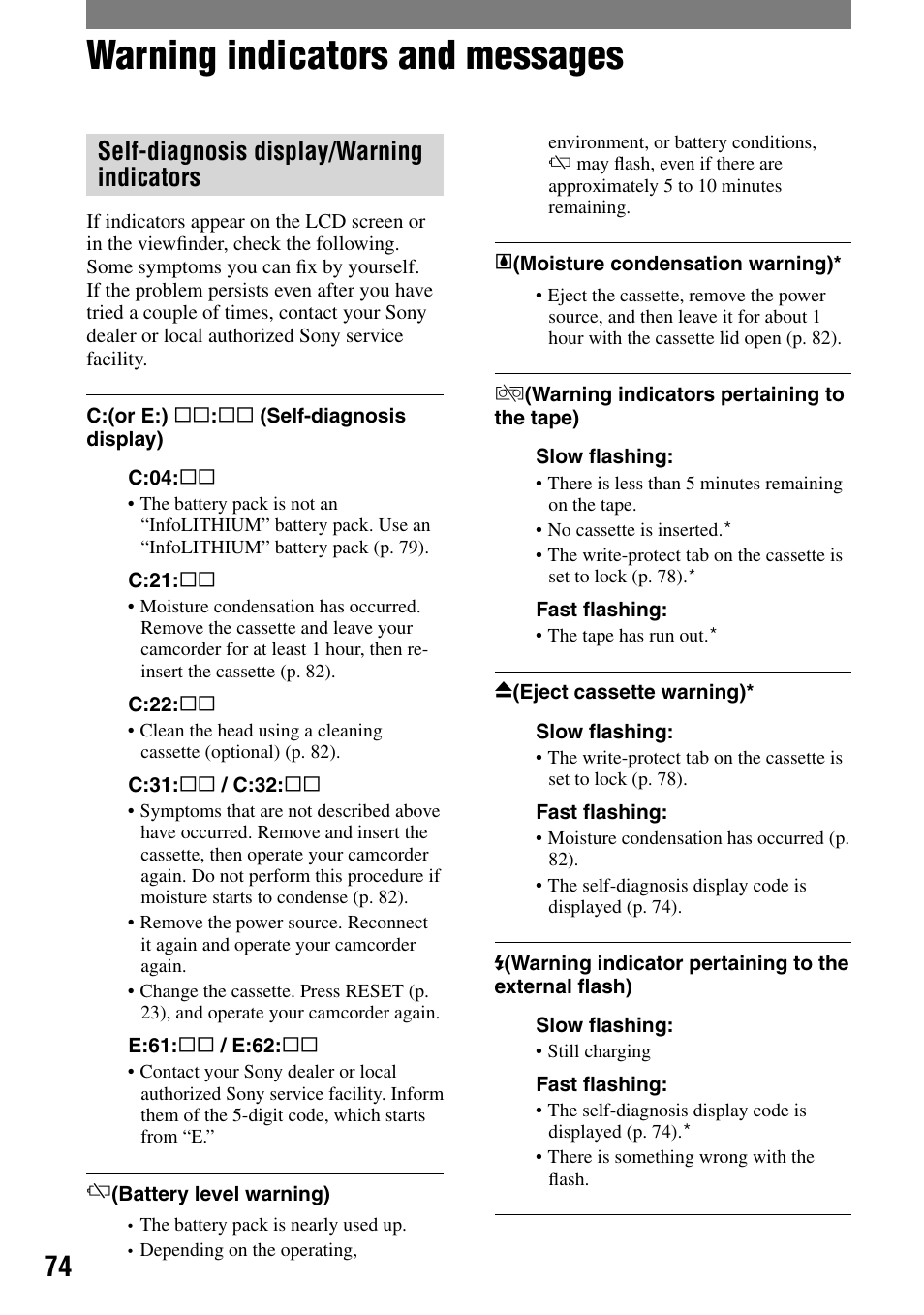 Warning indicators and messages, Self-diagnosis display/warning indicators | Sony DCR-HC21 User Manual | Page 74 / 92