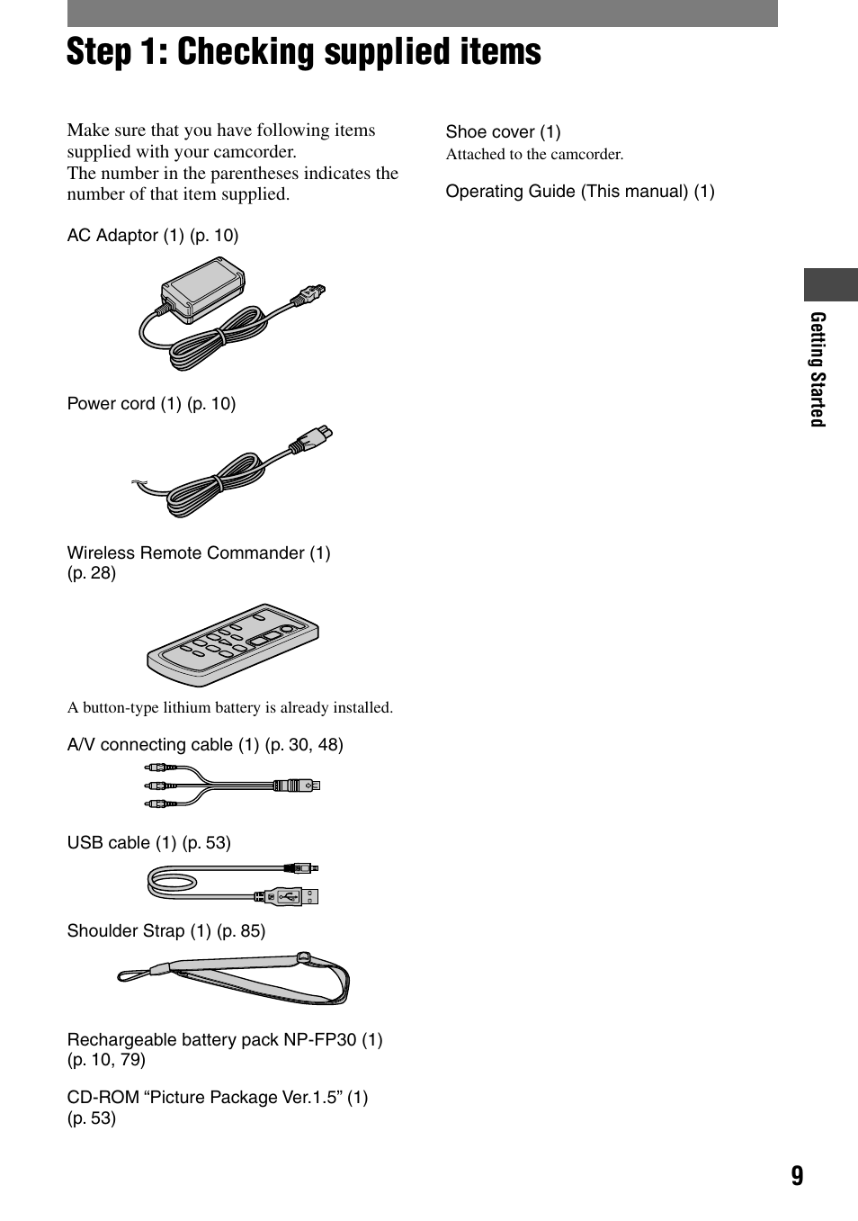 Getting started, Step 1: checking supplied items | Sony DCR-HC21 User Manual | Page 9 / 92