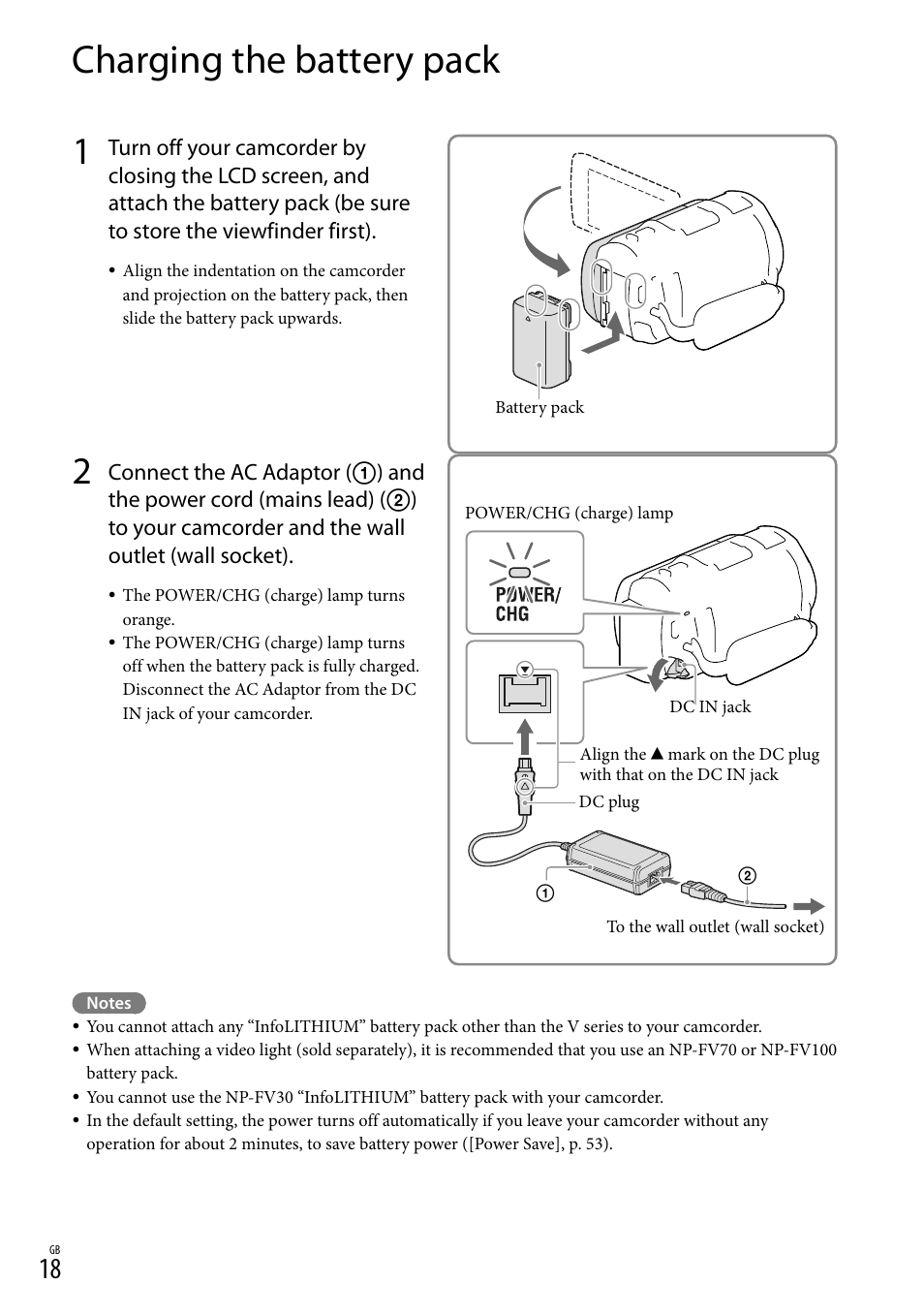 Charging the battery pack, 18) i, Y pack (18) | Dc in jack (18), Ge) lamp (18) | Sony HDR-PJ650V User Manual | Page 18 / 76