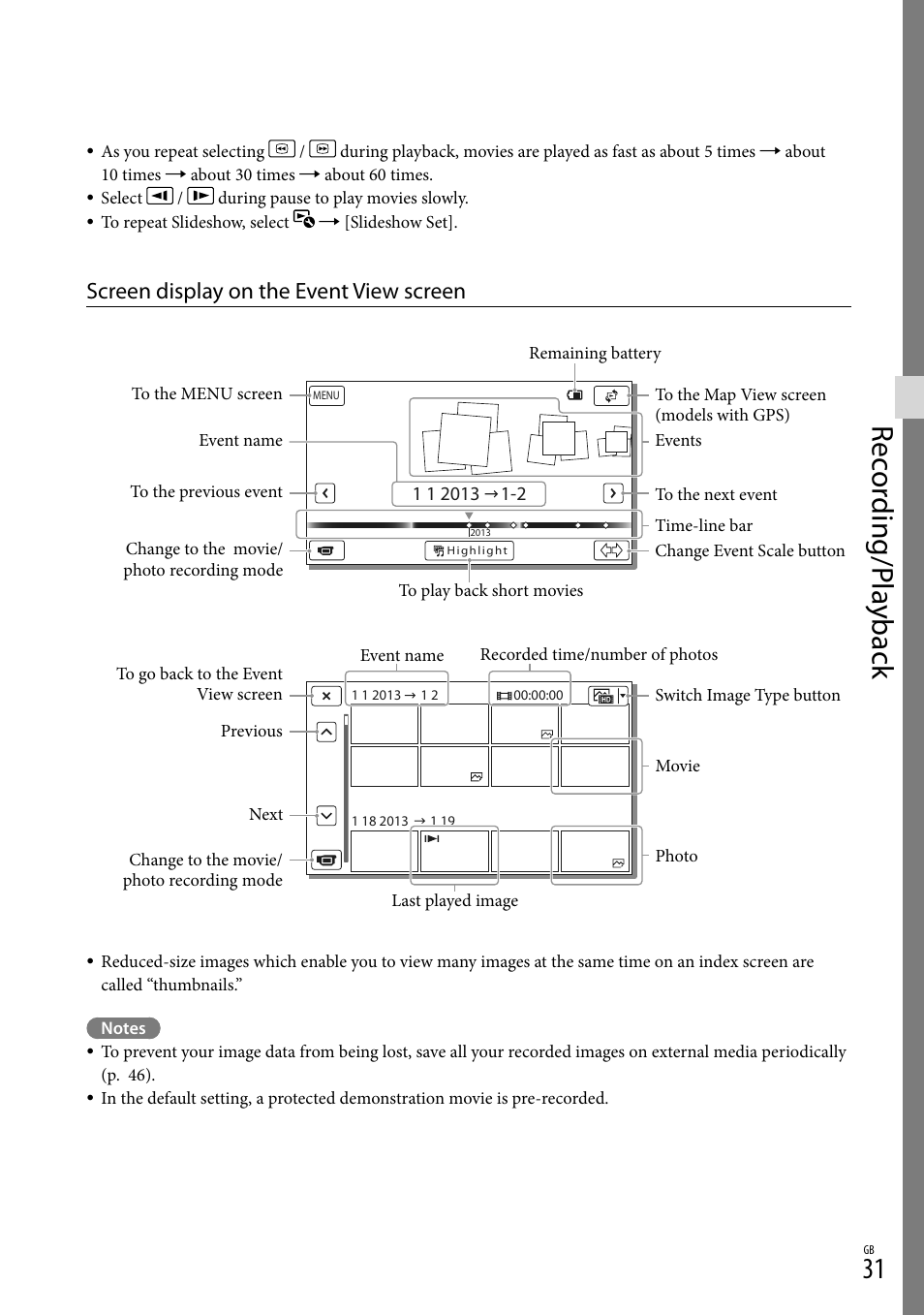 Ons (31), Rec or ding/p la yback, Screen display on the event view screen | Sony HDR-PJ650V User Manual | Page 31 / 76