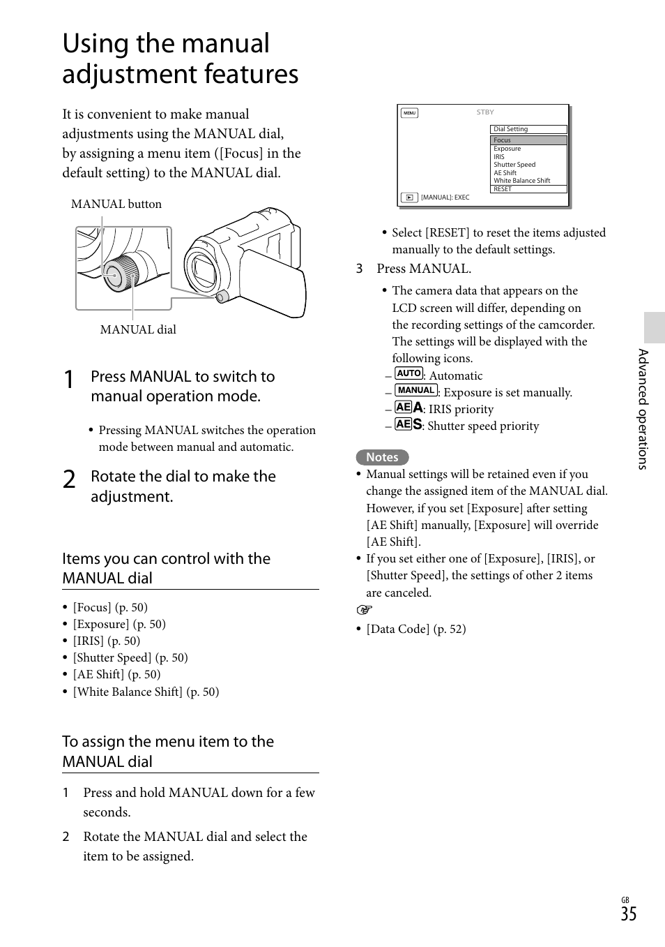 Using the manual adjustment features, On (35), Al dial (35) | Press manual to switch to manual operation mode | Sony HDR-PJ650V User Manual | Page 35 / 76