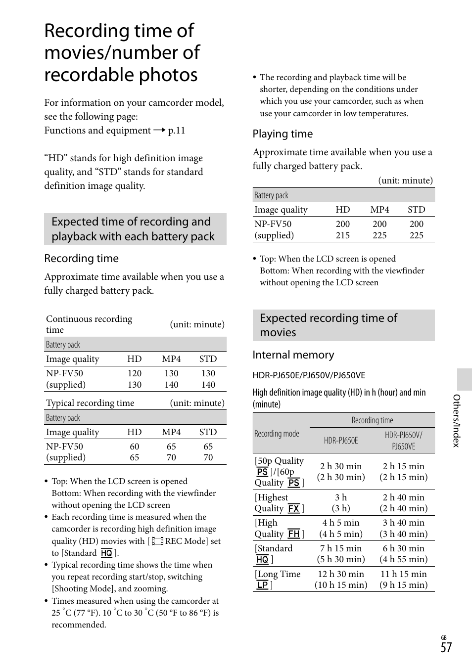 Expected recording time of movies, 57) o, 57, 59). d | Recording time, Playing time | Sony HDR-PJ650V User Manual | Page 57 / 76