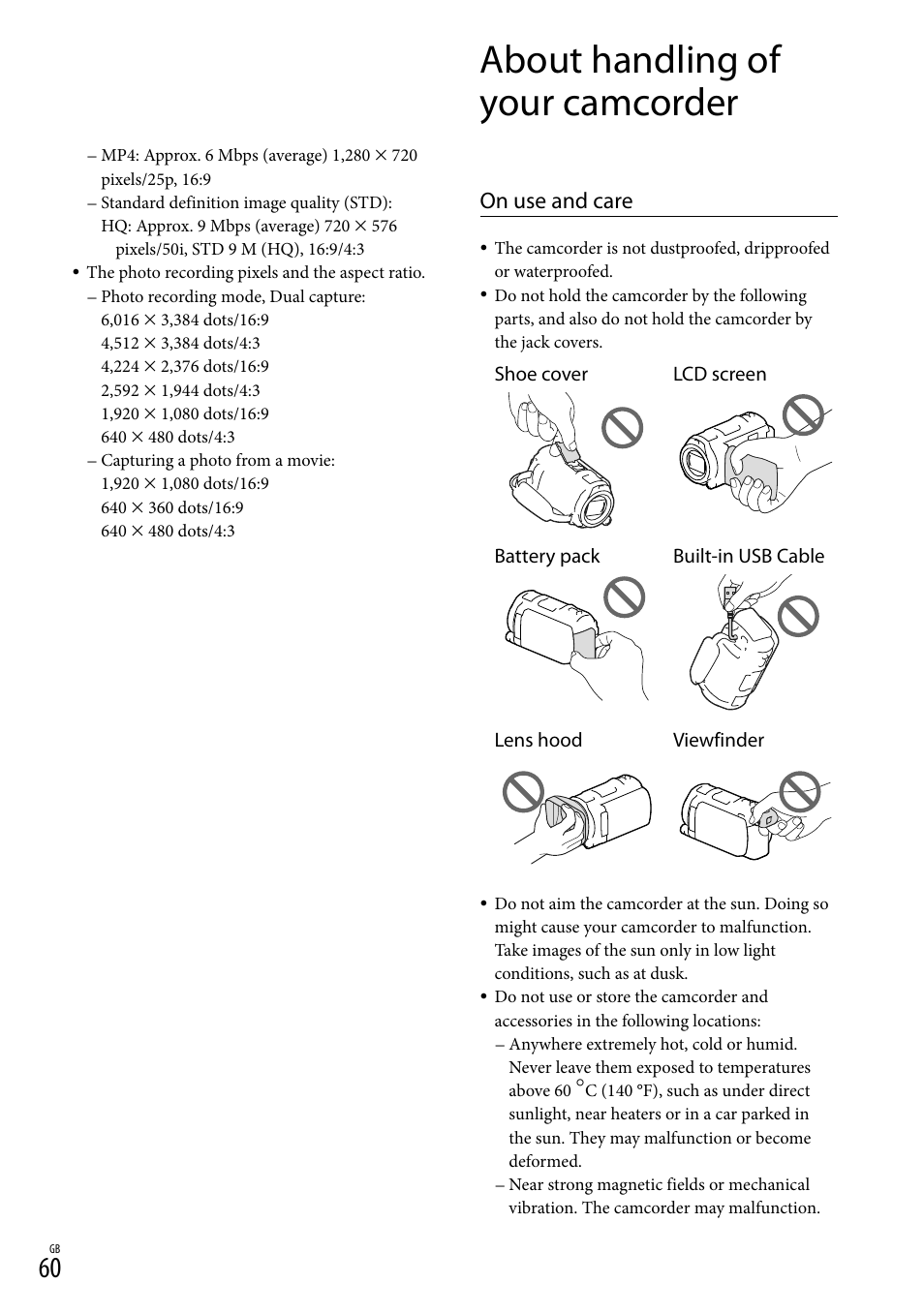 About handling of your camcorder, On use and care | Sony HDR-PJ650V User Manual | Page 60 / 76