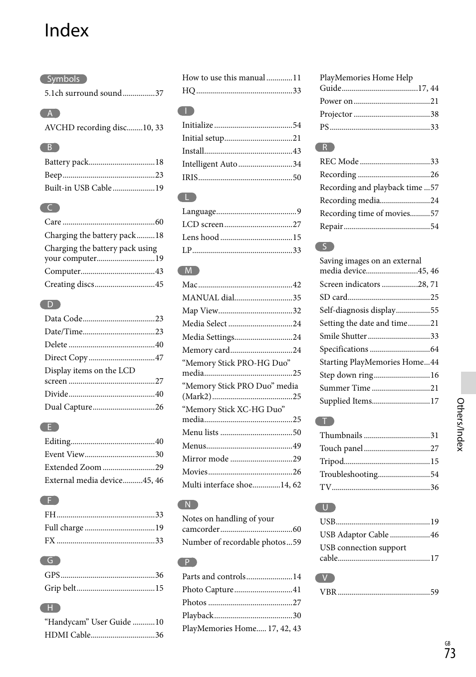 Index | Sony HDR-PJ650V User Manual | Page 73 / 76