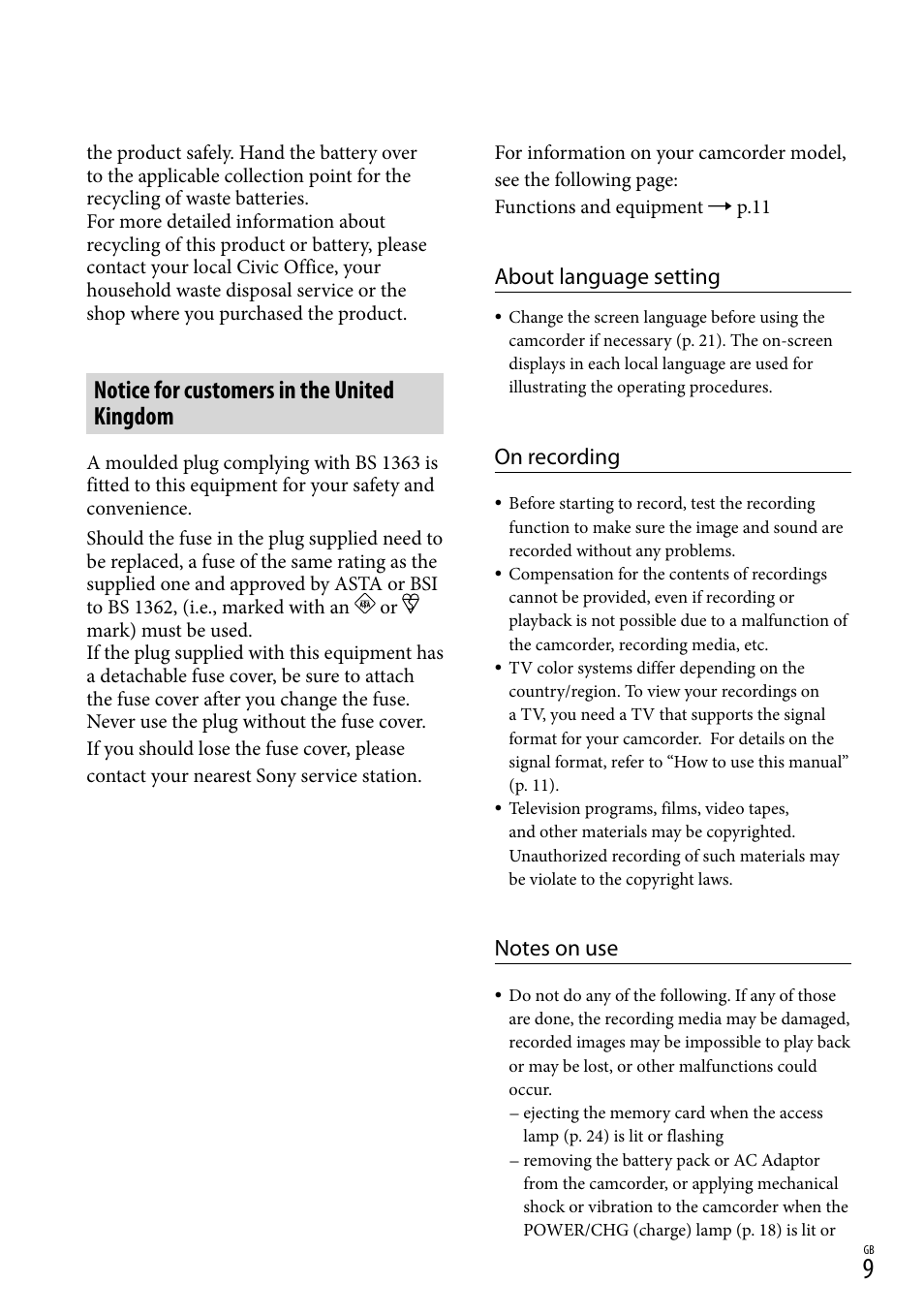 Notice for customers in the united kingdom, About language setting, On recording | Sony HDR-PJ650V User Manual | Page 9 / 76