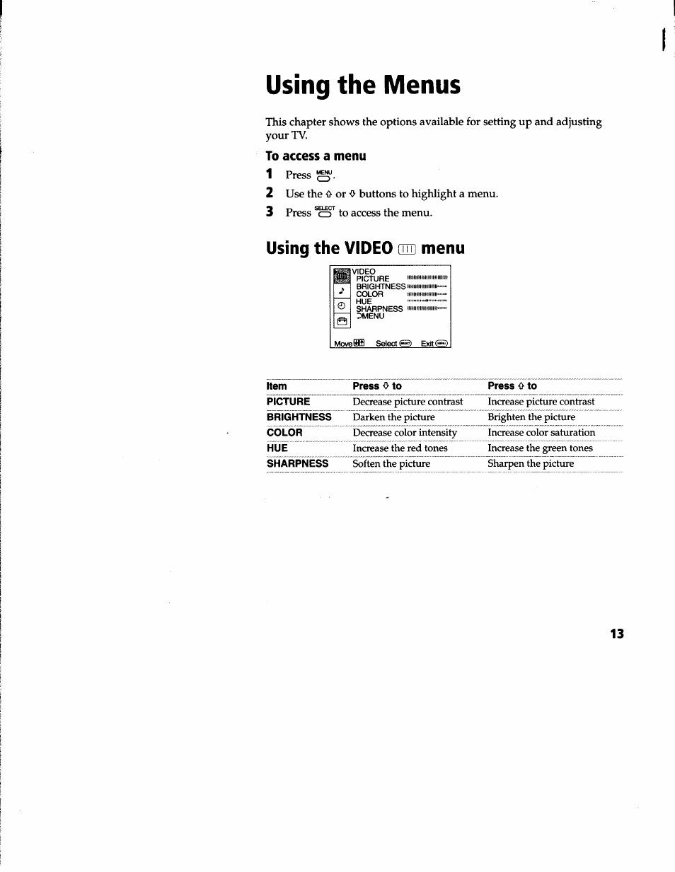 Using the menus, To access a menu, 1 press | 2 use the 0 or 0 buttons to highlight a menu, 3 press to access the menu, Using the video [m] menu | Sony KV-20S42 User Manual | Page 15 / 30