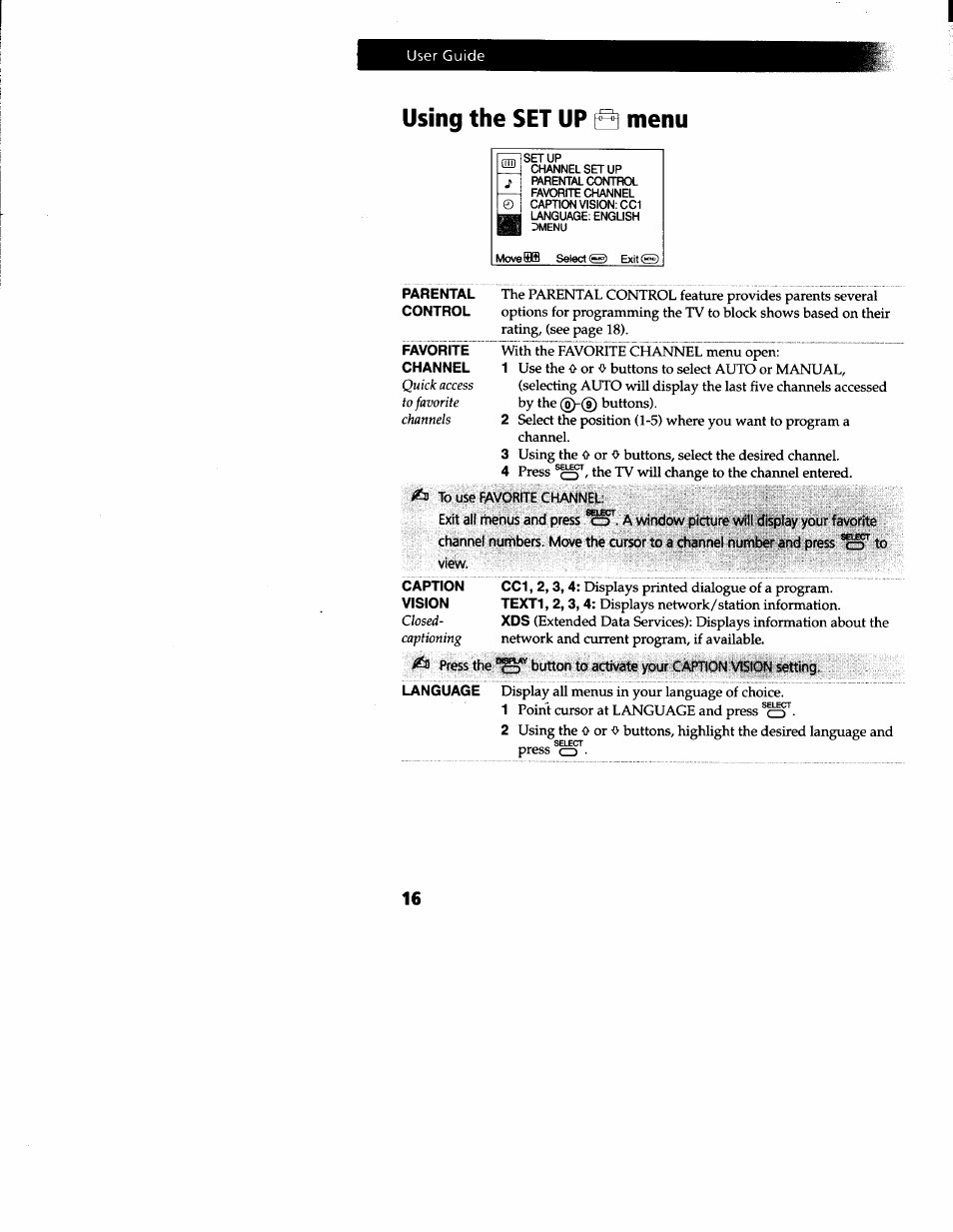 To use favorite channel, View, Using the set up 3 menu | Sony KV-20S42 User Manual | Page 18 / 30