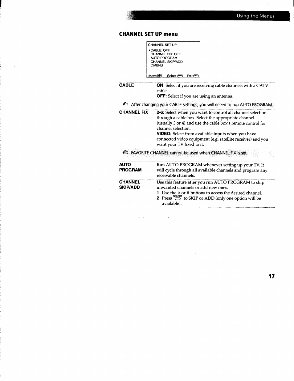 Channel set up menu | Sony KV-20S42 User Manual | Page 19 / 30