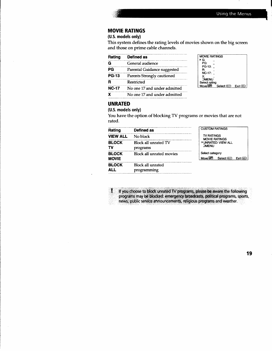 Movie ratings, Unrated, Using the menus | Sony KV-20S42 User Manual | Page 21 / 30