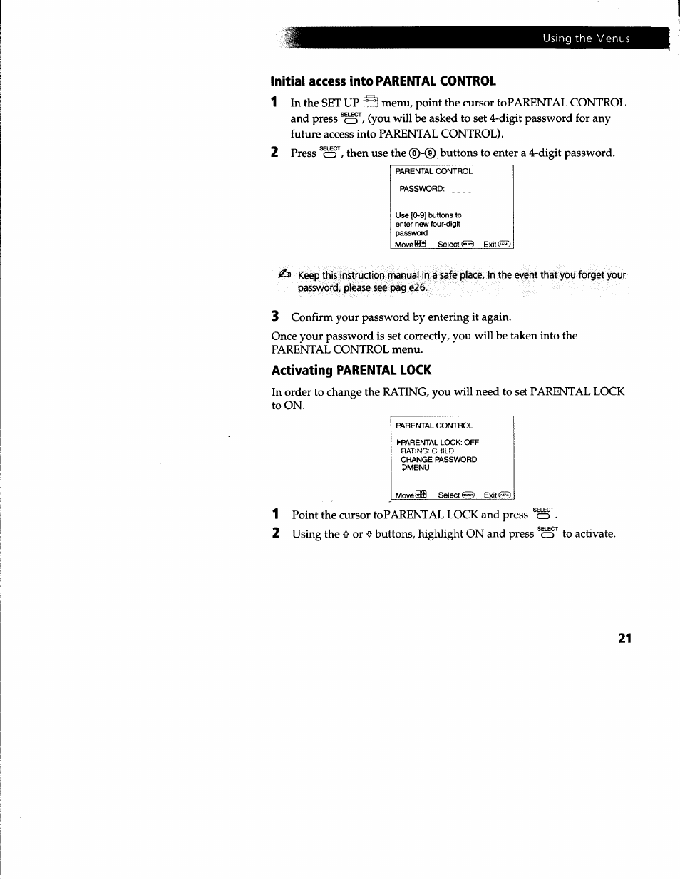 Initial access into parental control, Activating parental lock | Sony KV-20S42 User Manual | Page 23 / 30