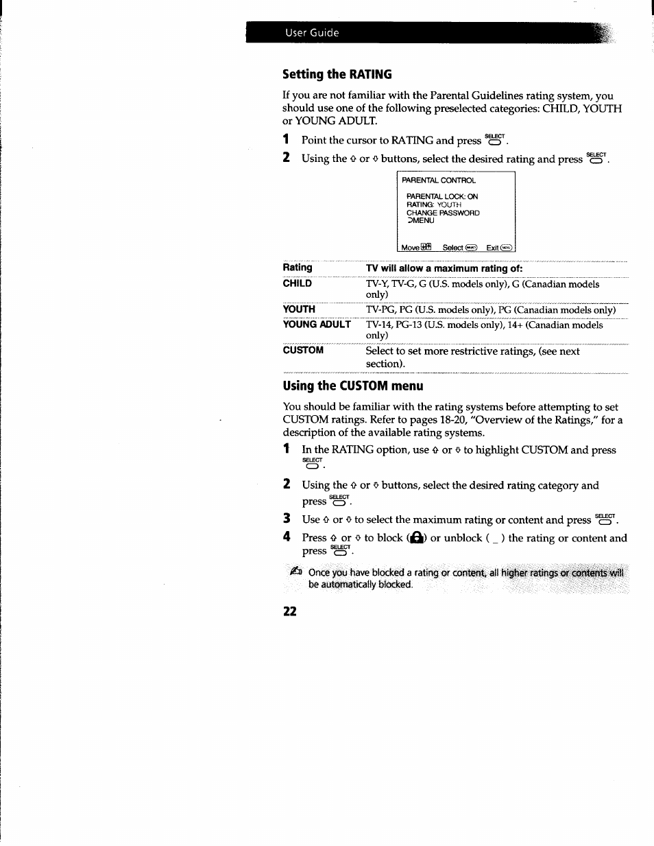 Setting the rating, Using the custom menu | Sony KV-20S42 User Manual | Page 24 / 30