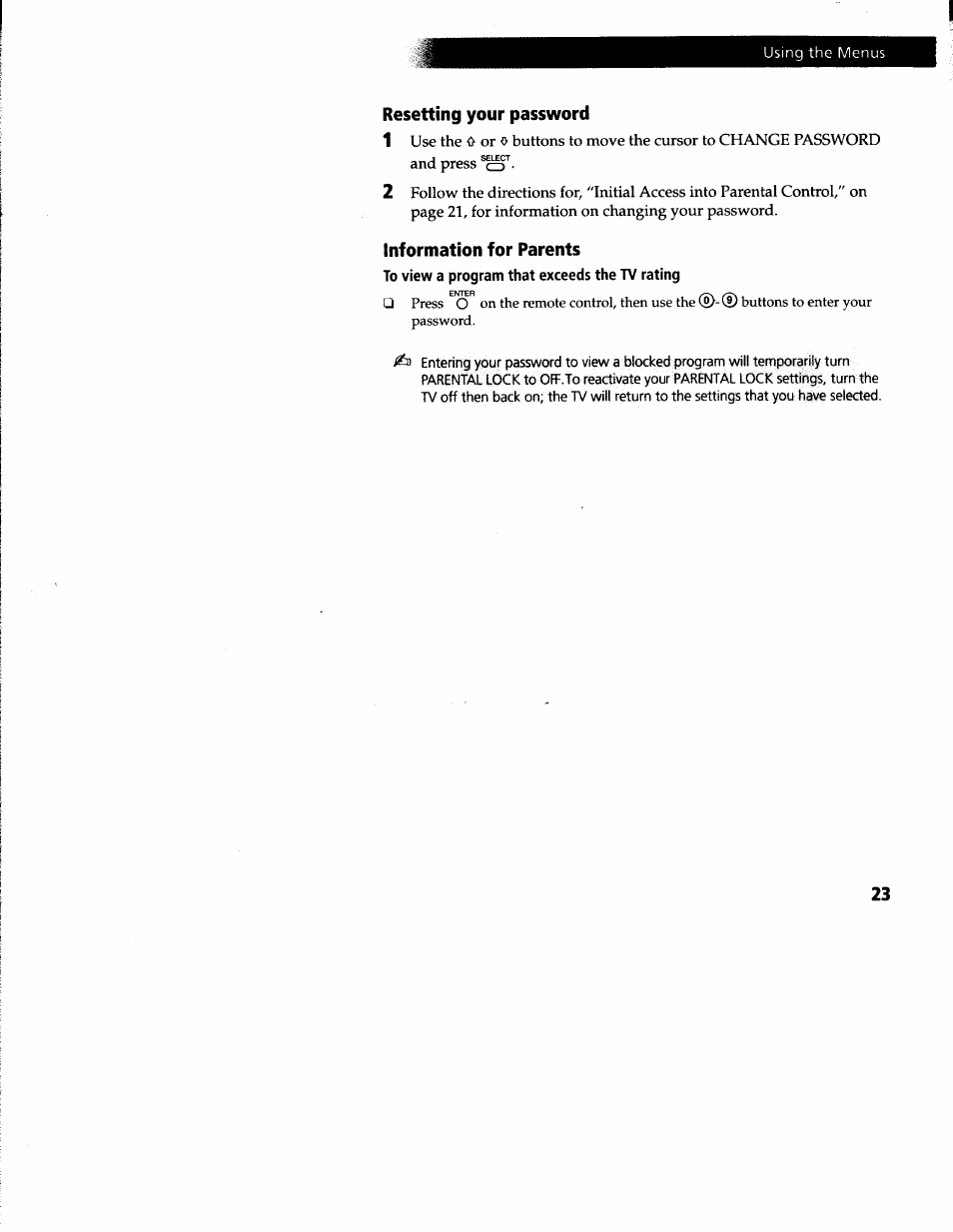 Resetting your password, Information for parents | Sony KV-20S42 User Manual | Page 25 / 30